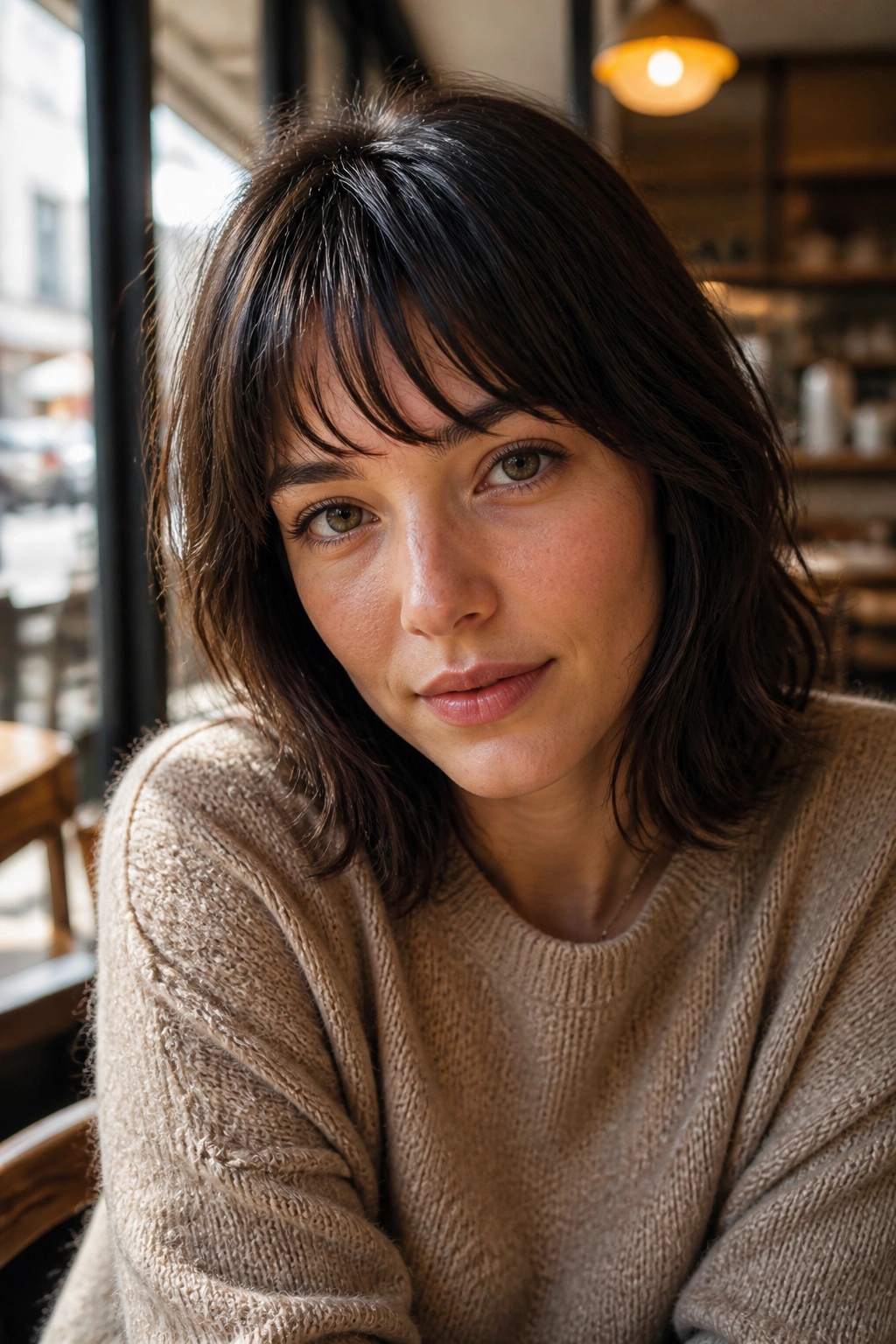 Close-up of a real woman with French bangs and a soft lived-in line