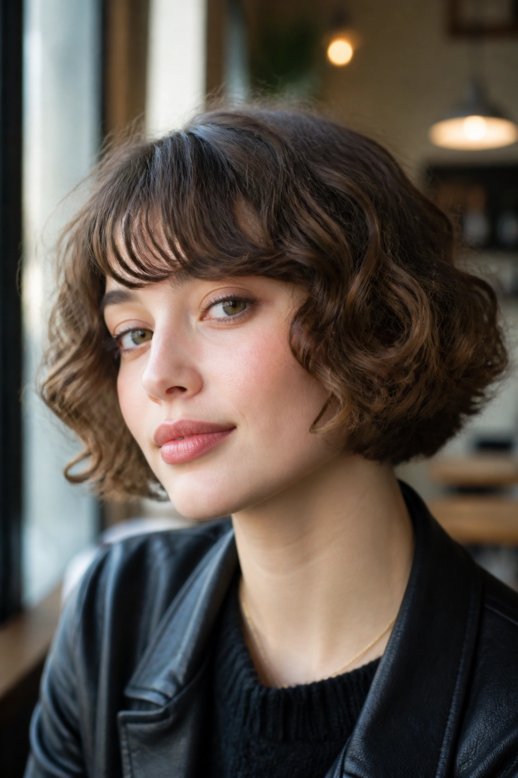Portrait of a woman with a French bob and airy curls in natural light.