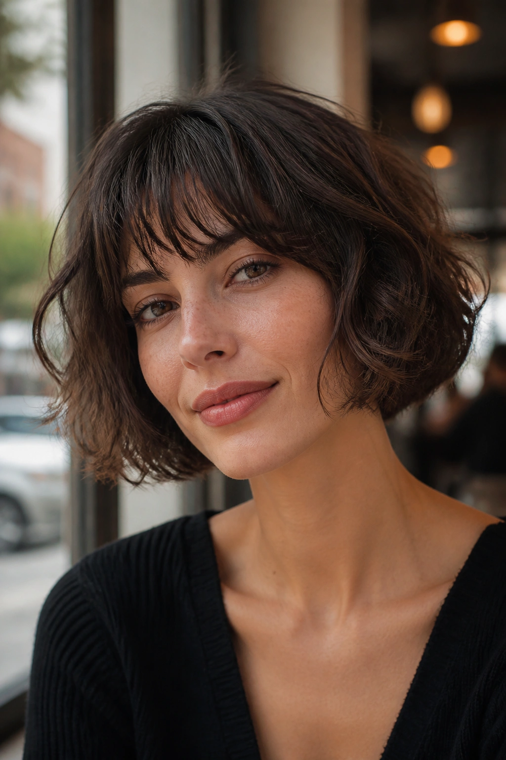 Close-up portrait of a woman with a French bob and airy fringe