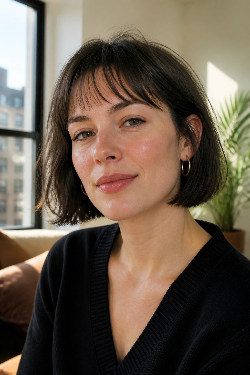 Close-up portrait of a real woman with a French bob and airy micro fringe, warm window light