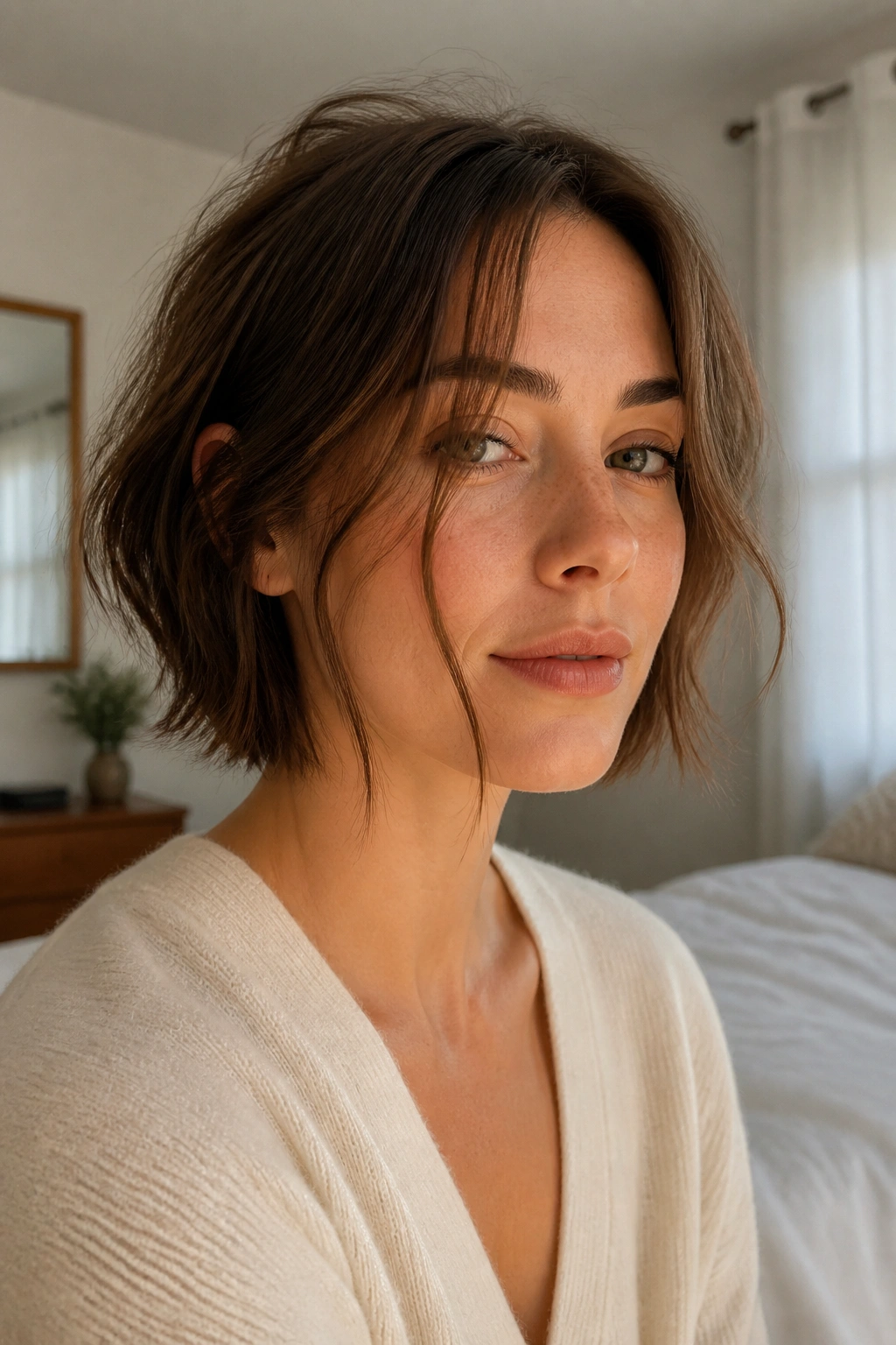Close-up portrait of a real woman with a grown-out French bob and airy front pieces.