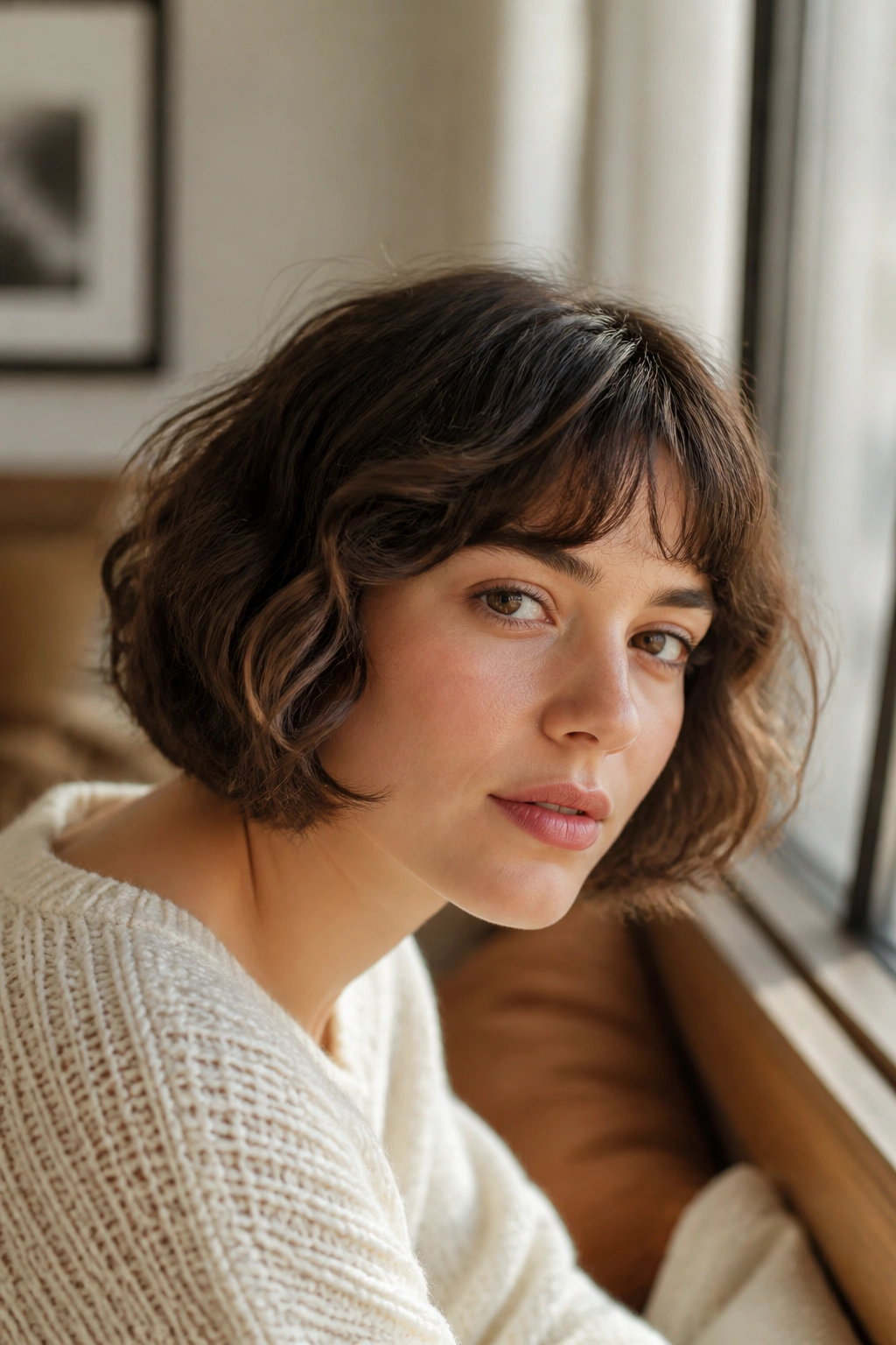 Close-up of a woman with French bob and airy waves by a sunlit window