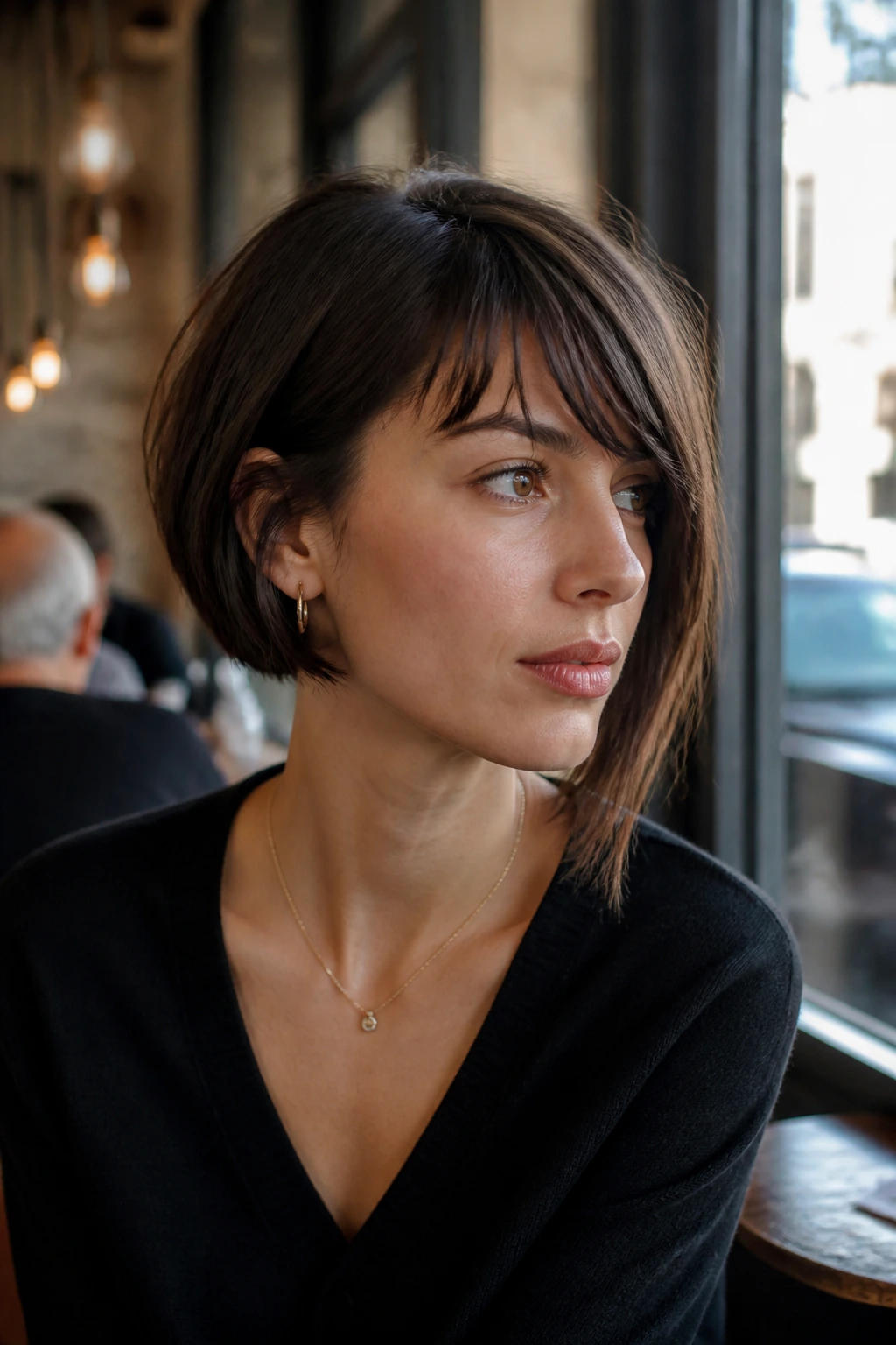 Close-up portrait of a real woman with a cheekbone-length French bob and one longer side.