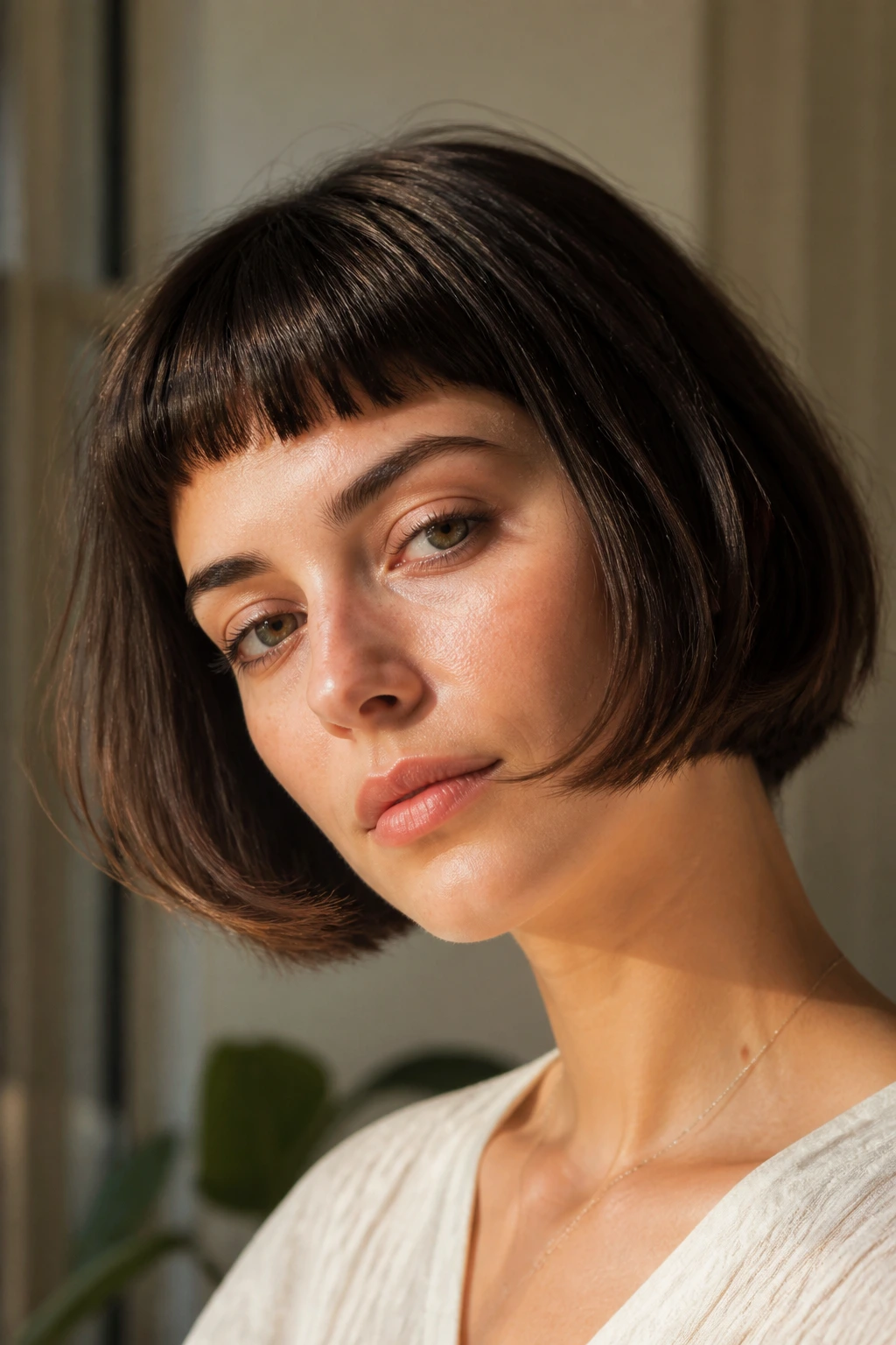 Close-up portrait of a real woman with French bob and baby bangs in warm window light