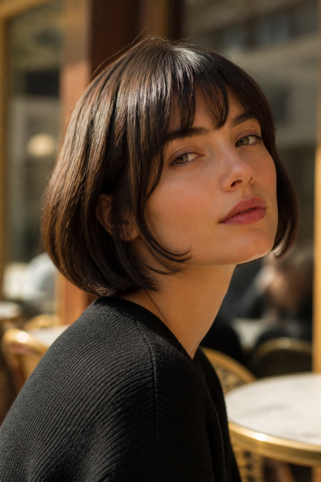 Real person with French bob and soft bangs in sunlit cafe setting.