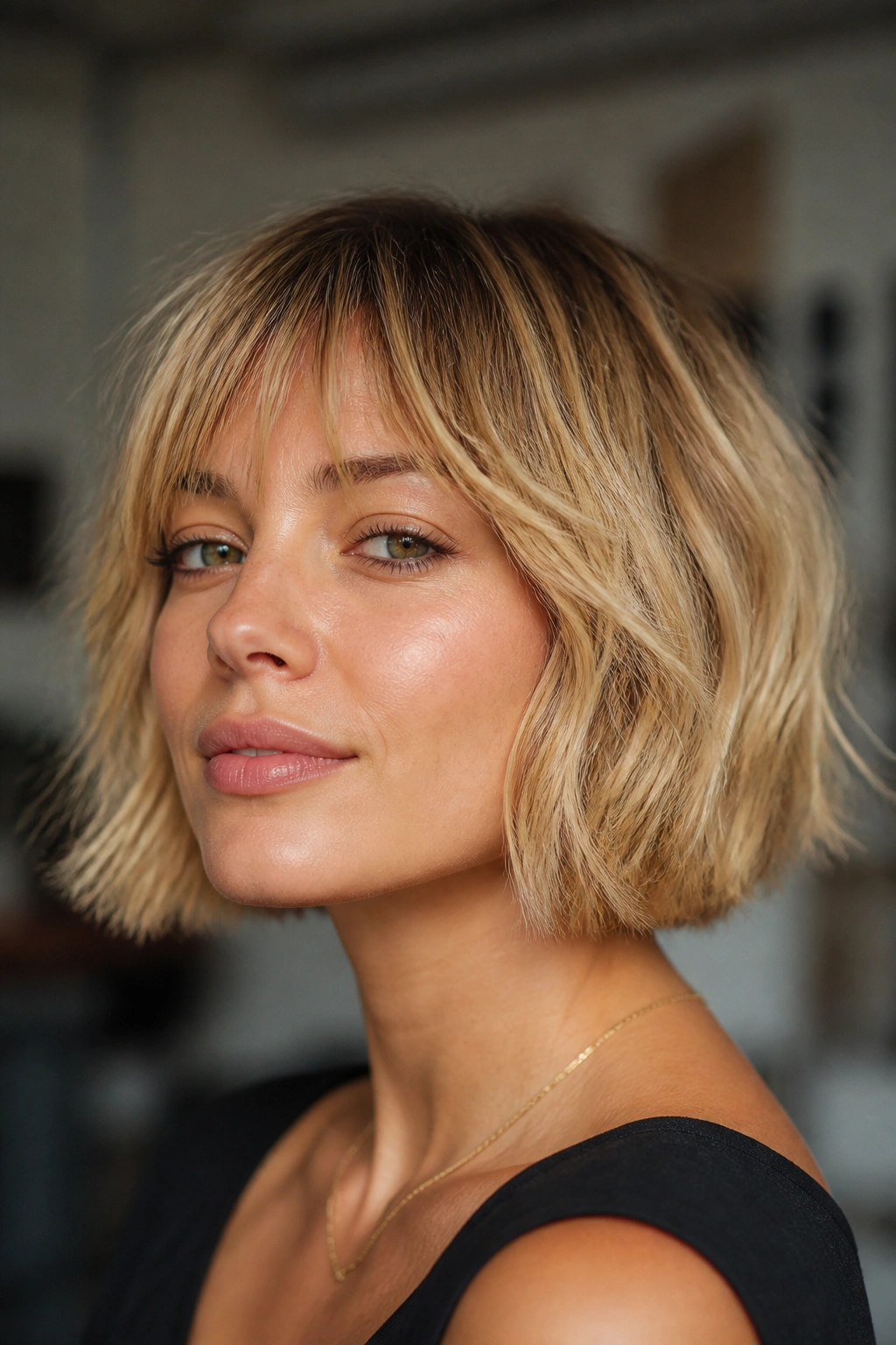 Close-up of a real woman with a French bob just below the cheek in blonde