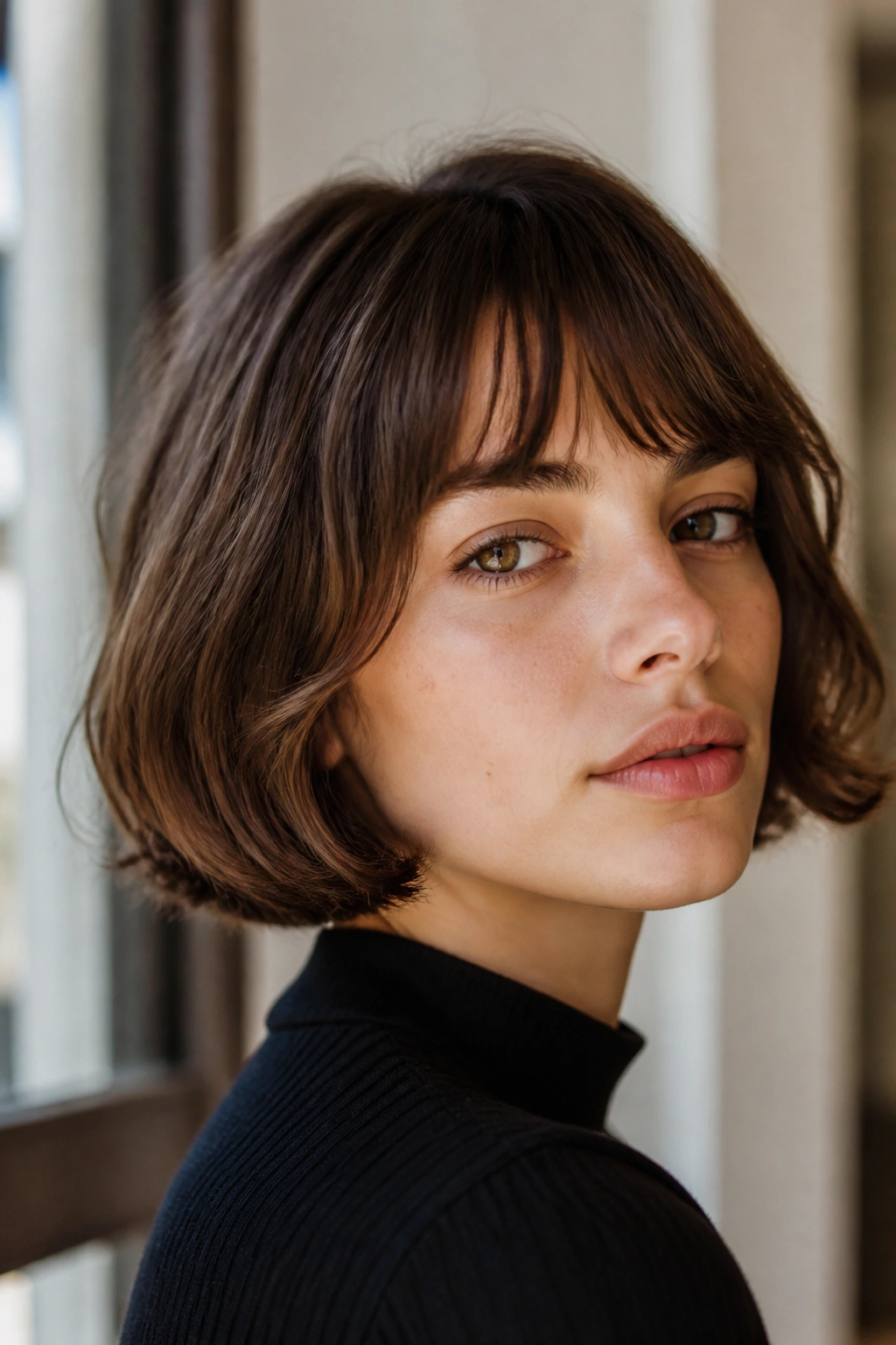 Close-up portrait of a real person with a French bob and soft bend.