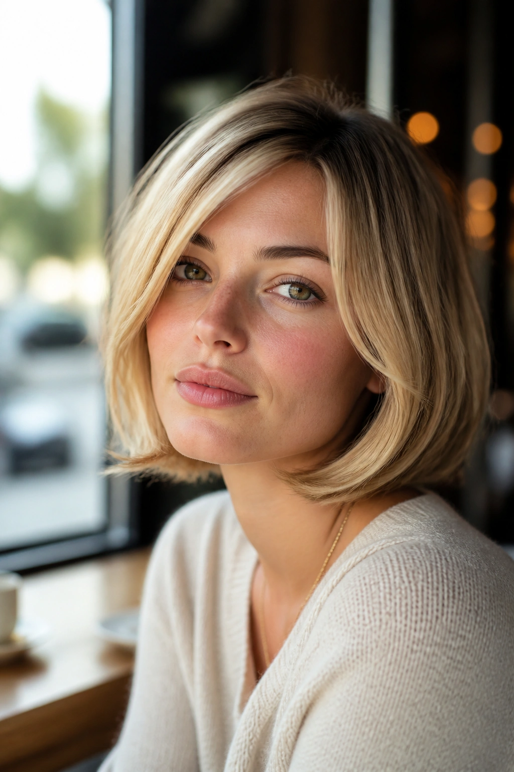 Close-up of a real woman with a chin-length French bob in beige blonde.