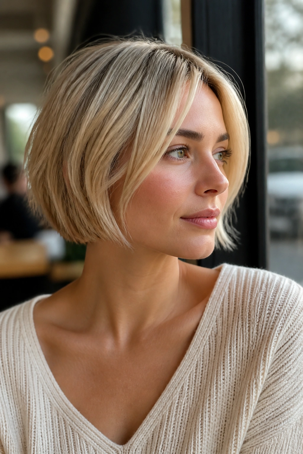 Close-up of real woman with chin-length French bob and soft graduation blonde
