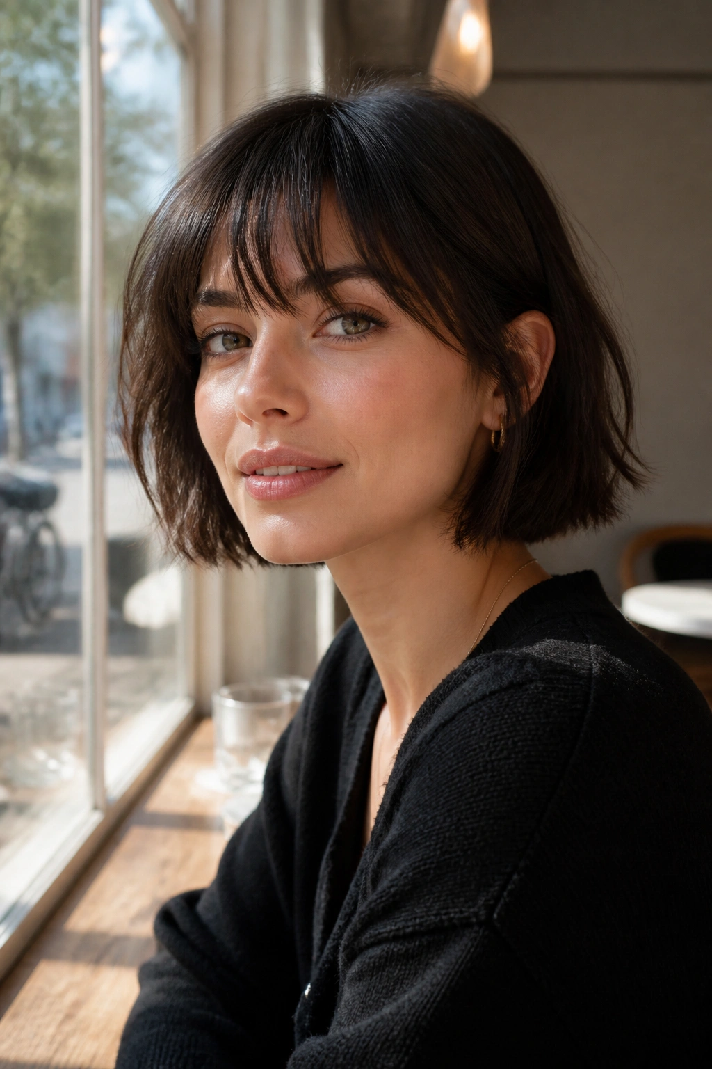 Close-up of real person in sunlit cafe with jaw-length French bob and soft fringe