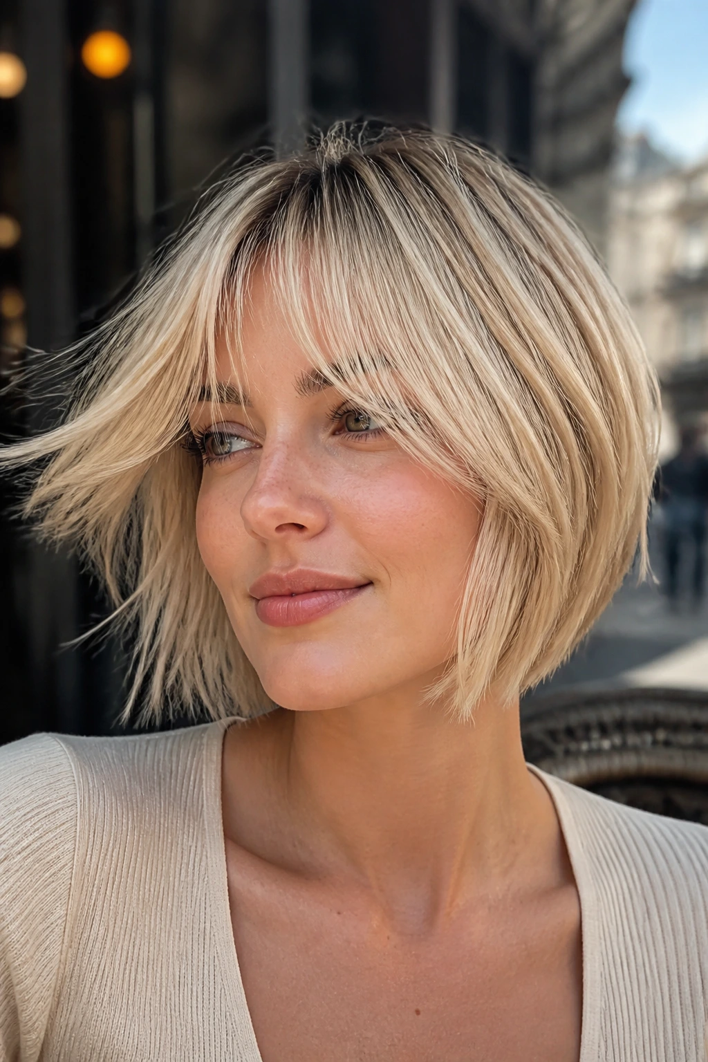 Close-up of a real woman with a French-inspired blonde bob and bottleneck bangs in a cafe setting