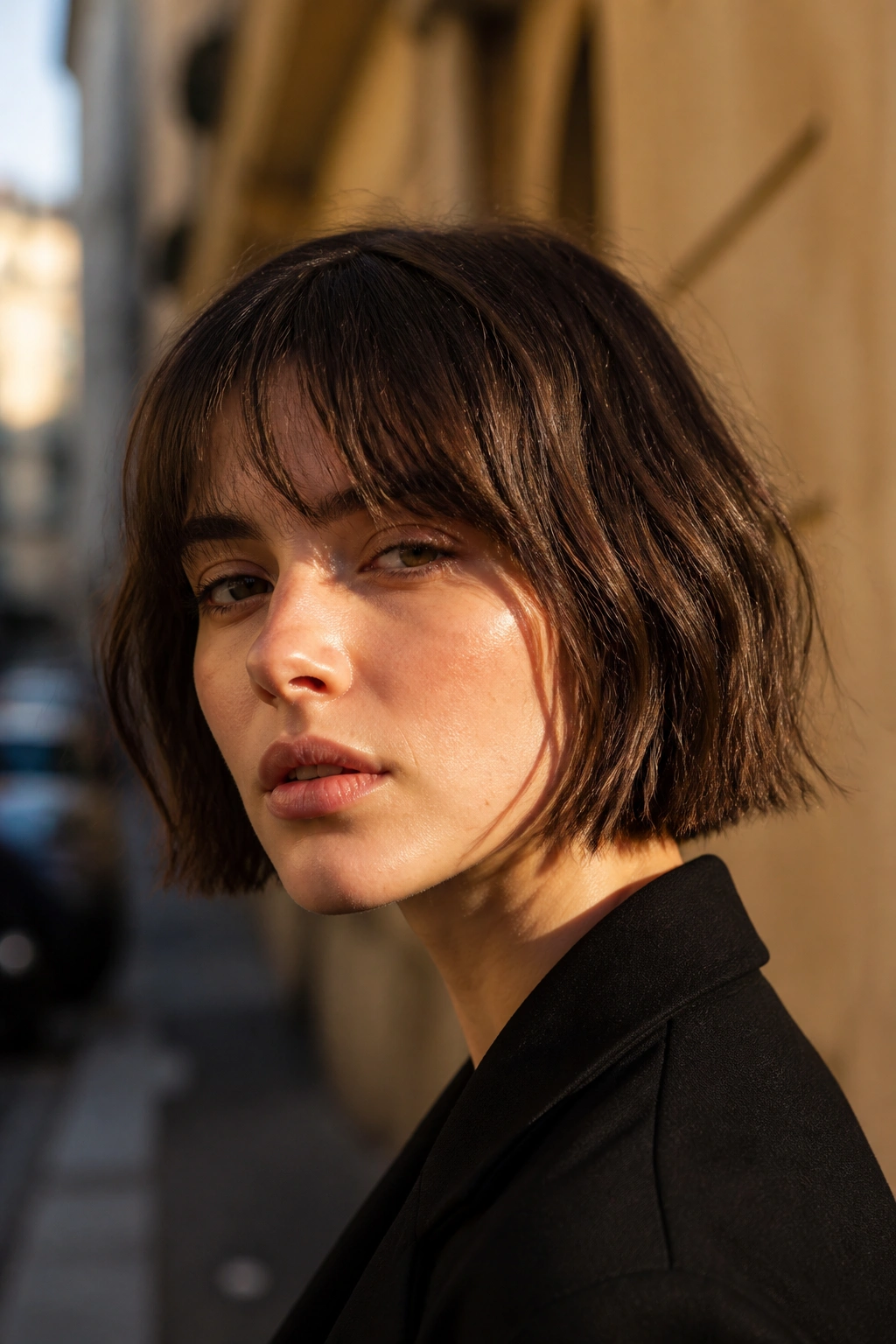 Real-person portrait with French bob and broken ends in golden hour urban setting