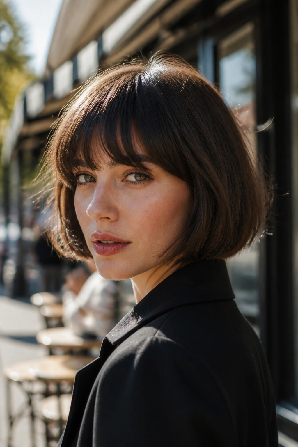 Portrait of a real woman with a French bob and brow-grazing bangs