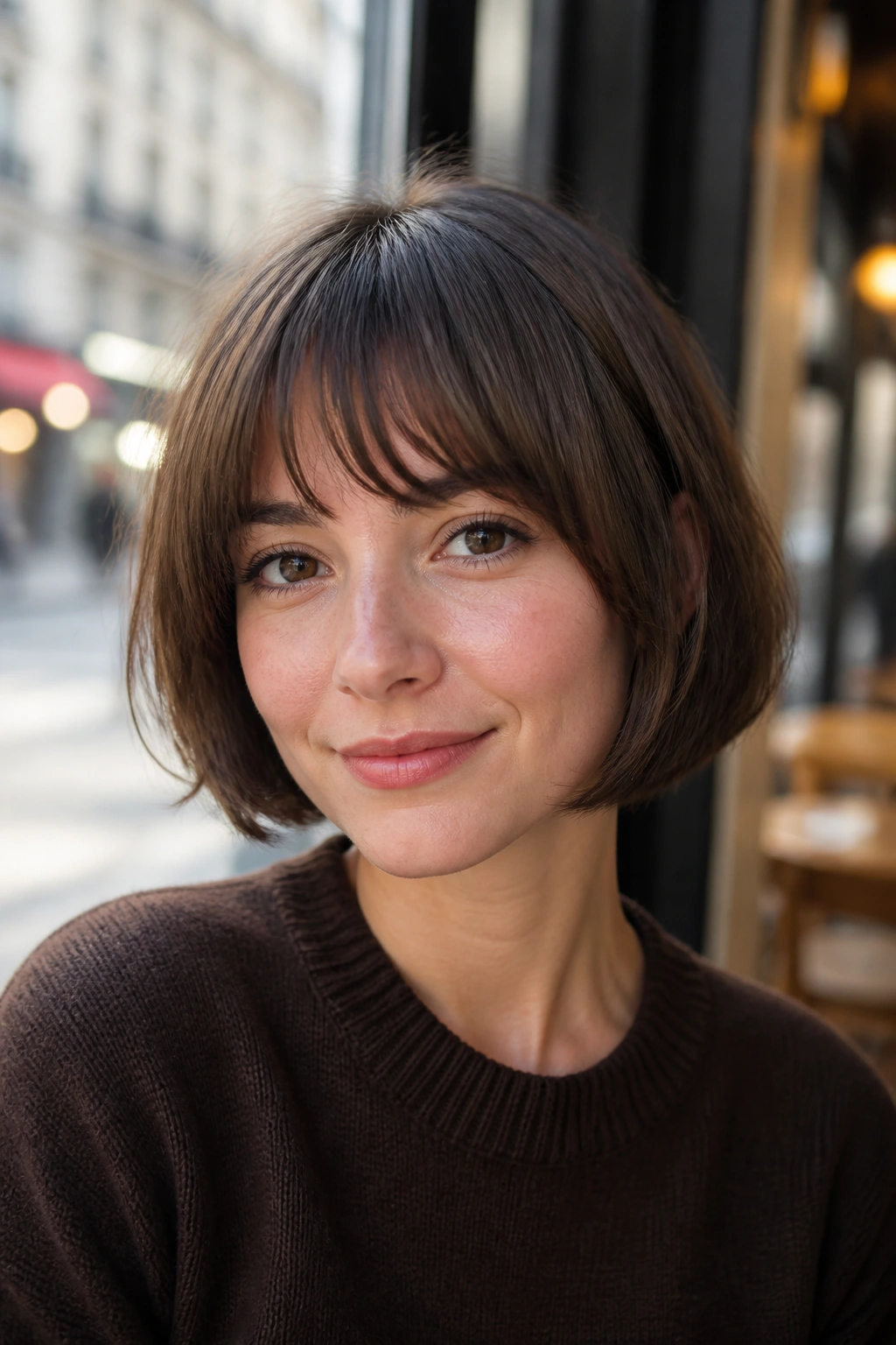 Close-up of a real woman with brow-grazing bangs and a soft chocolate French bob