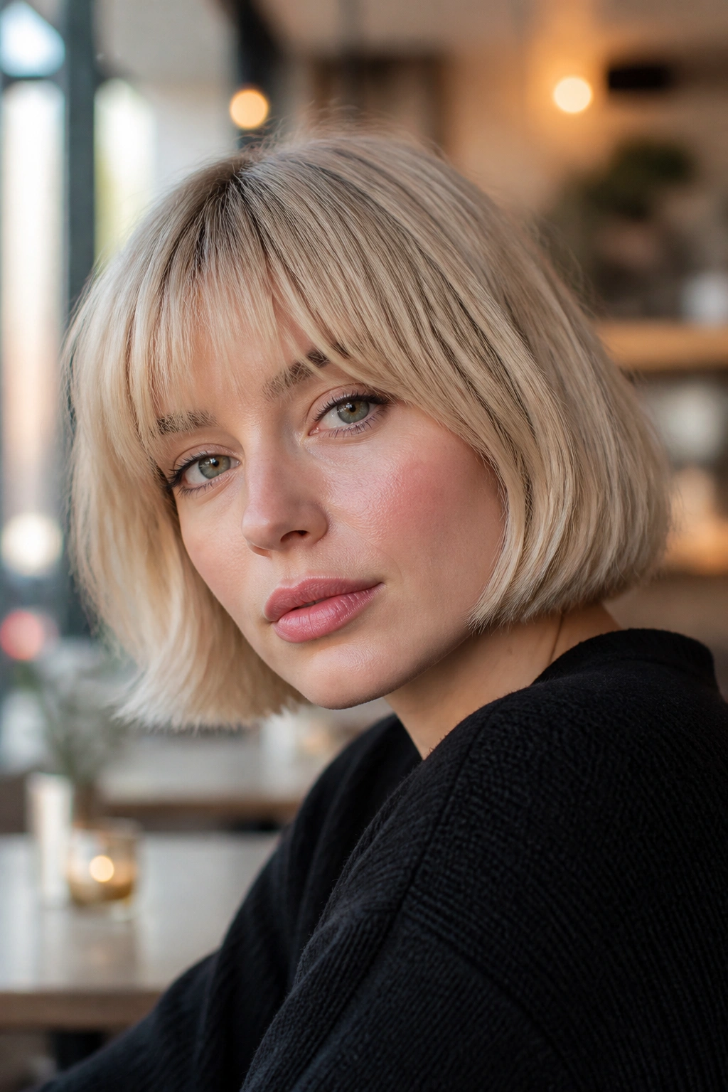 Close-up of a woman with a French bob and brow-skimming fringe