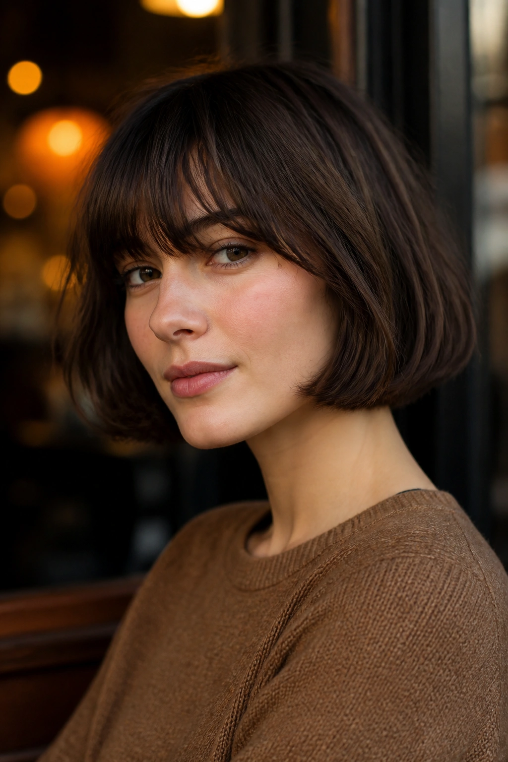 Real woman with brow-grazing bangs in a French bob