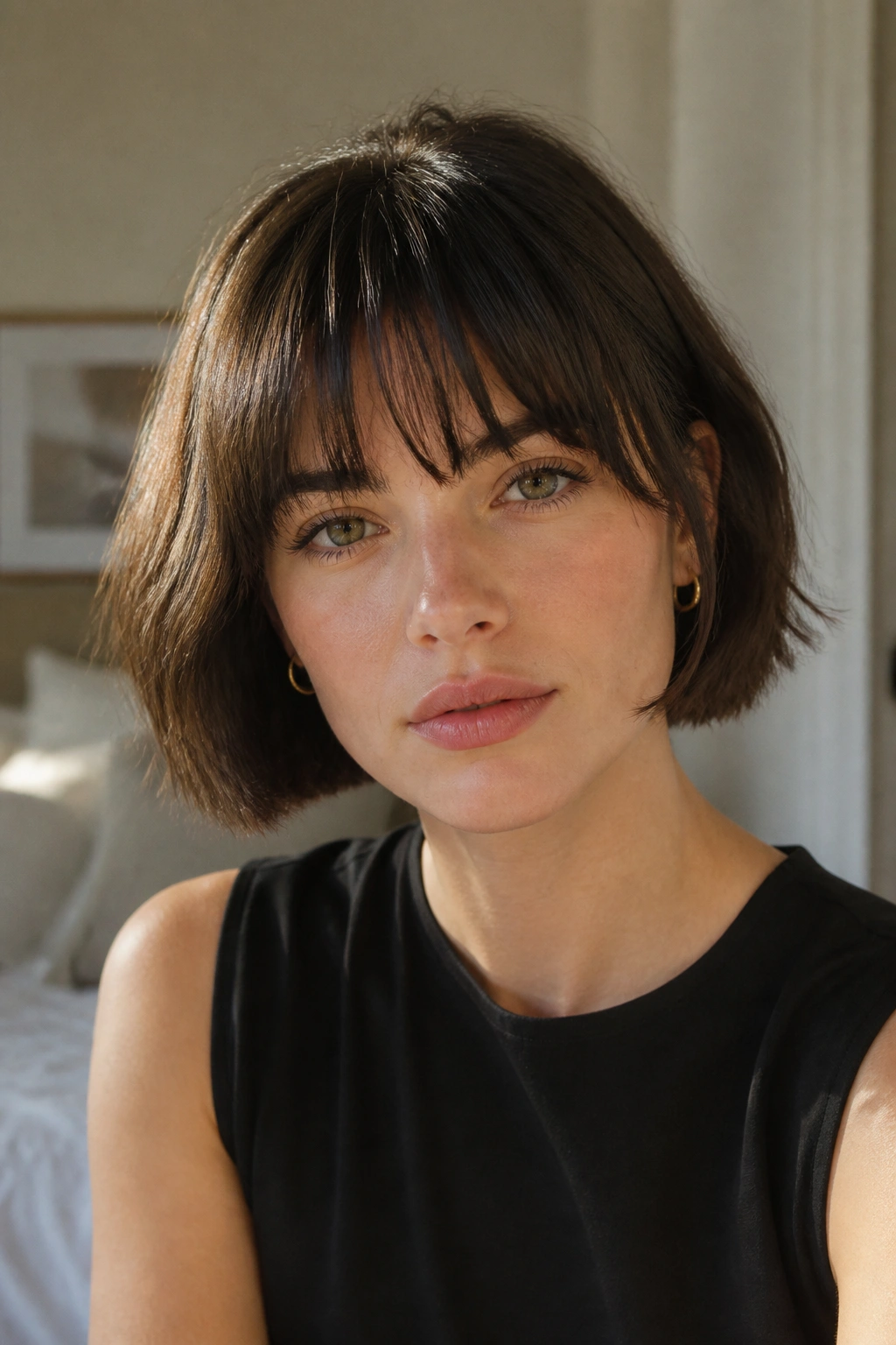 Real woman with French bob and brow-skimming fringe in soft morning light