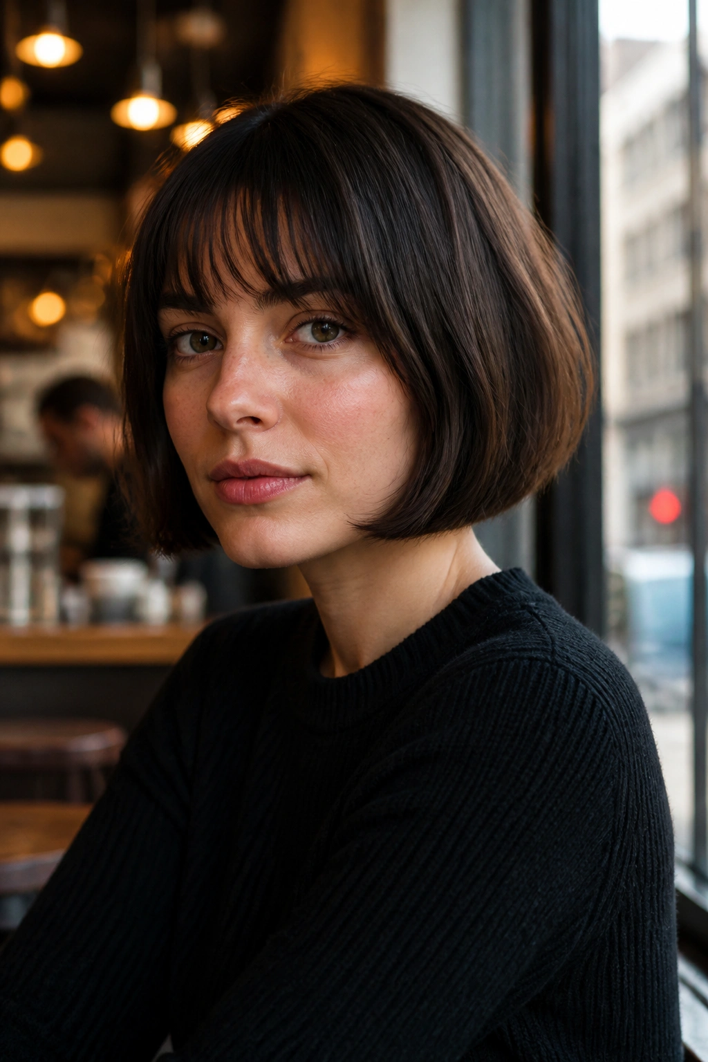 Close-up of a real person with a French bob in warm cafe light