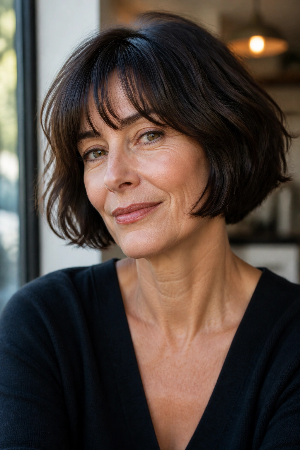 Portrait of a woman with a French bob close-up in natural light.