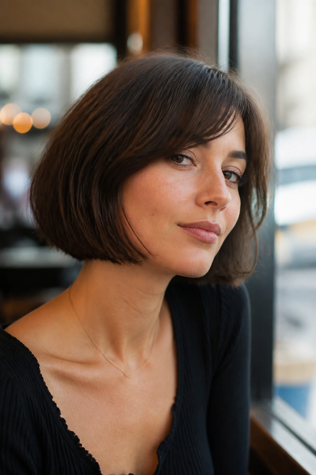 Portrait of a real person with a chin-length French bob in cafe light