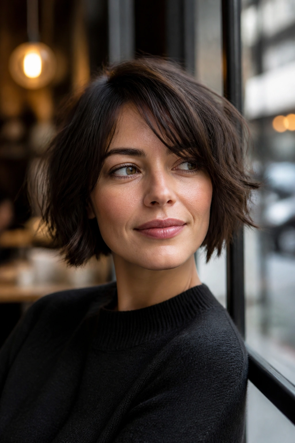 Close-up portrait of a real woman with Choppy French Bob and broken hemline