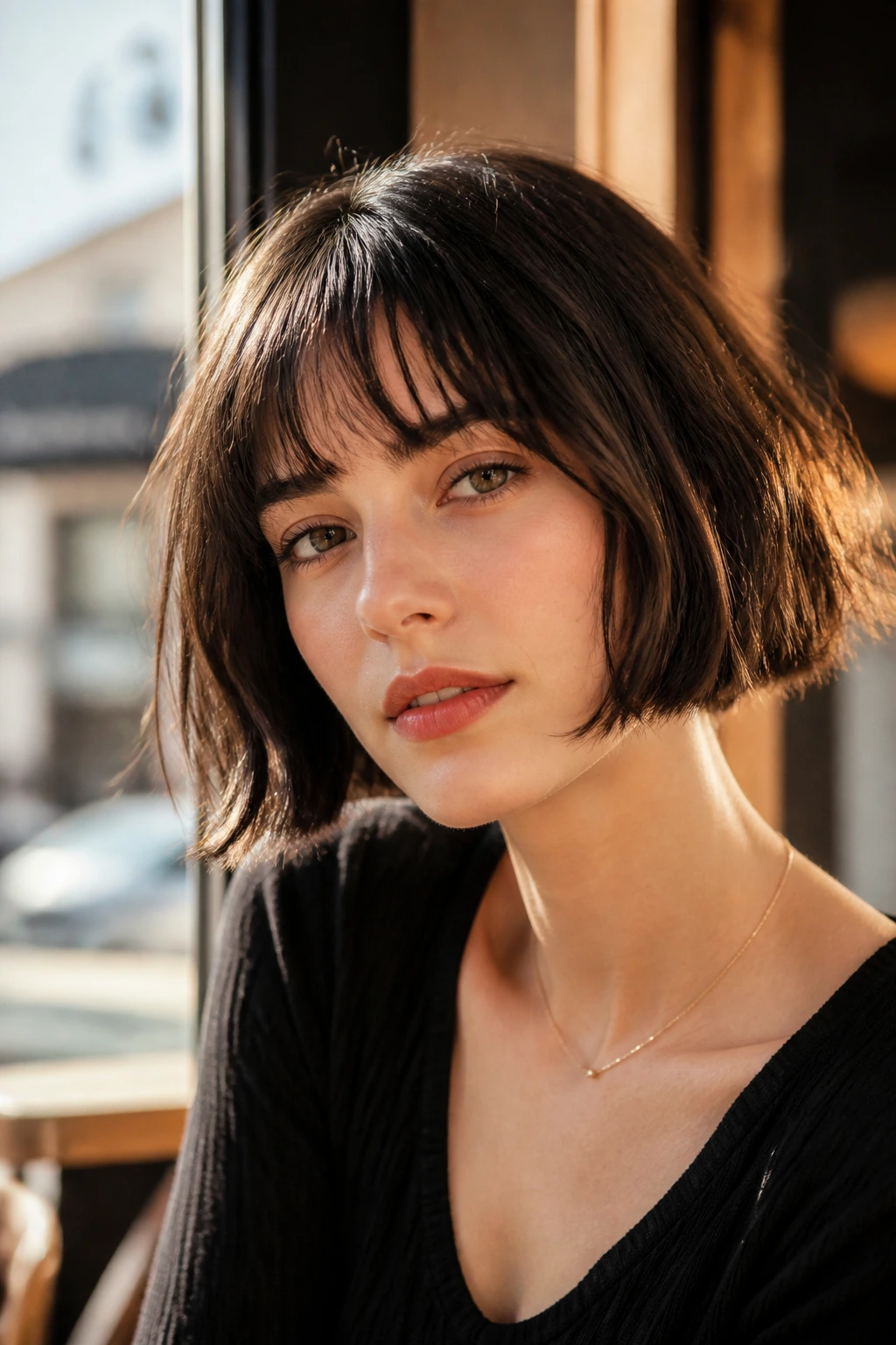 Close-up portrait of a real woman with a jaw-length French bob featuring choppy ends in cafe light