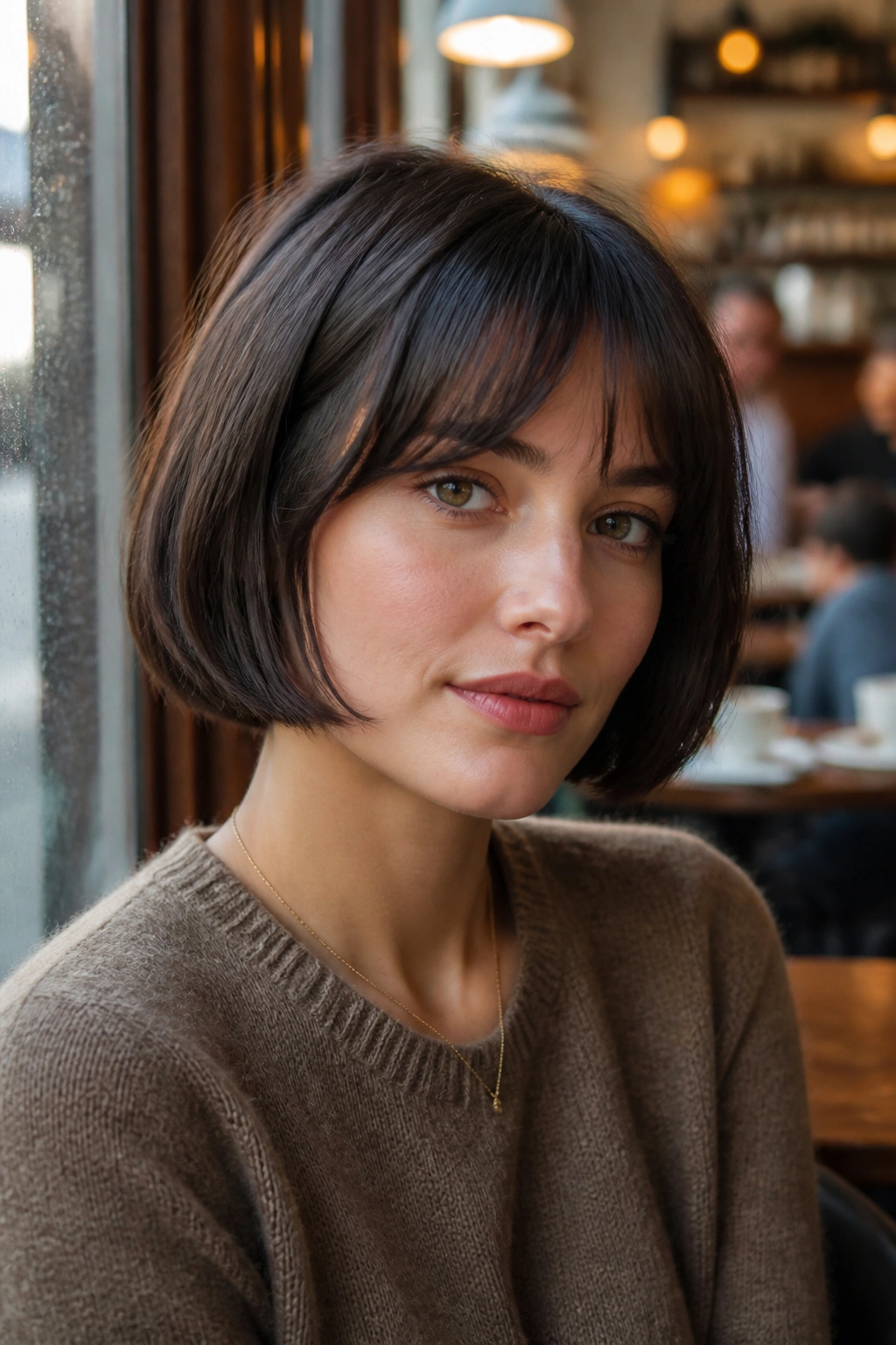 Close-up of a real woman with a lip-to-chin French bob and soft fringe