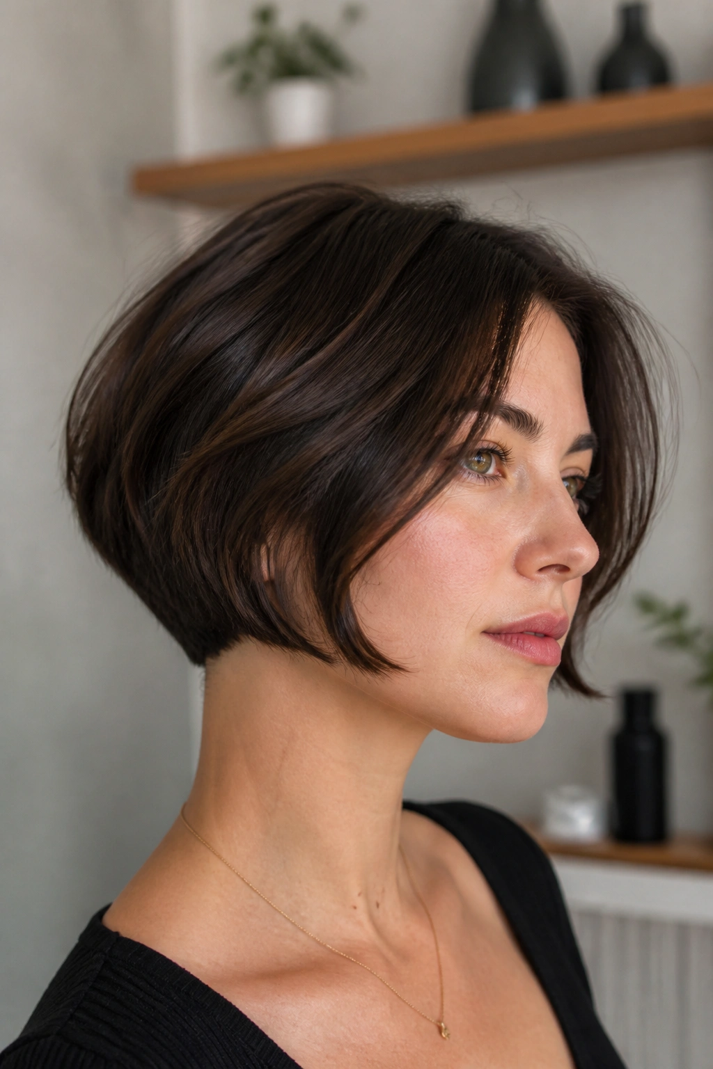 Close-up of a real woman with a French bob and clean nape