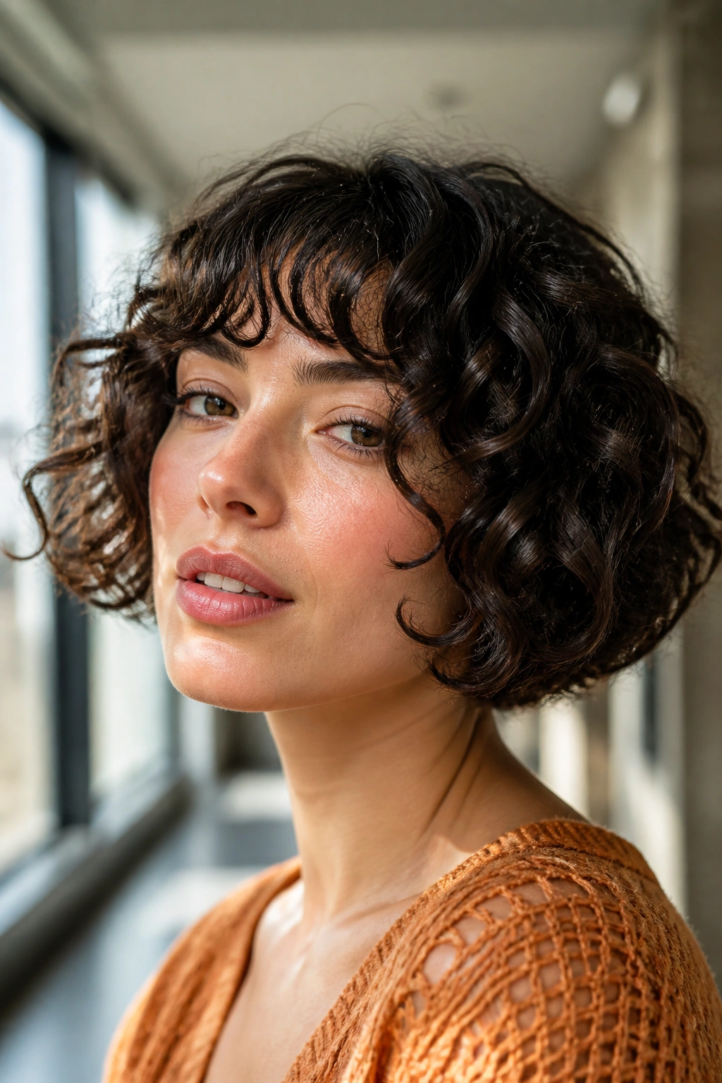 Close-up portrait of real person with French bob for curls in hallway