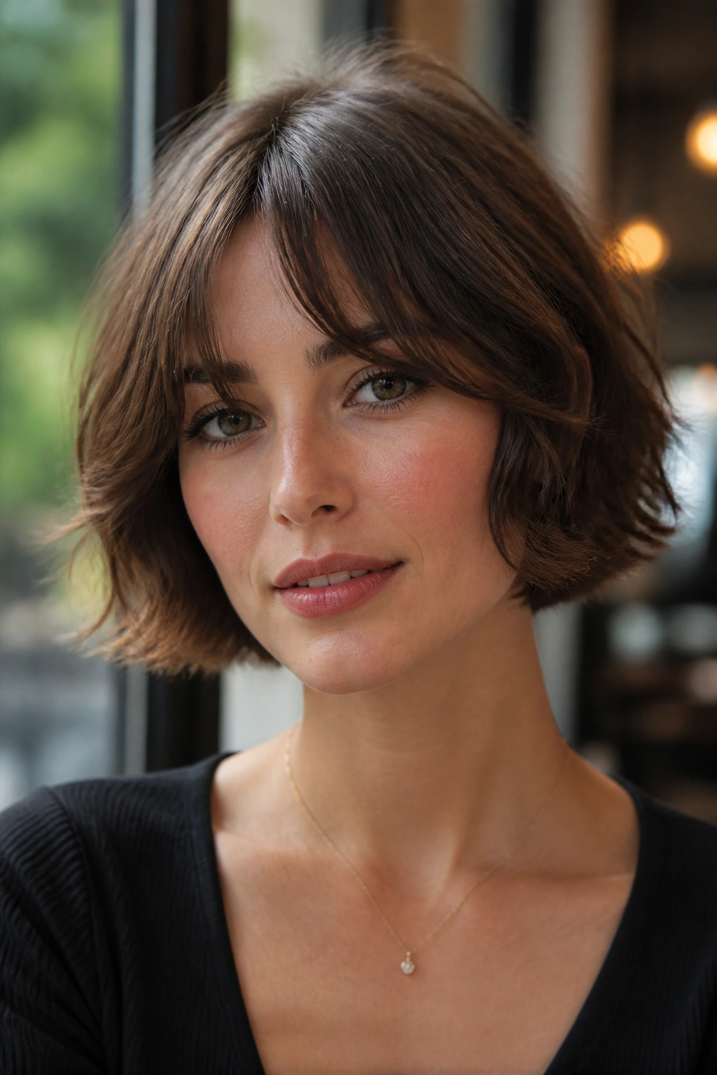 Close-up of a woman with a French bob and curtain bangs