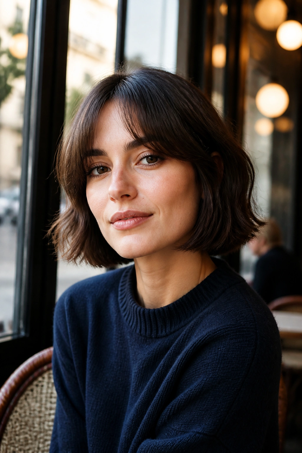 Close-up of a French bob with curtain bangs on a real person