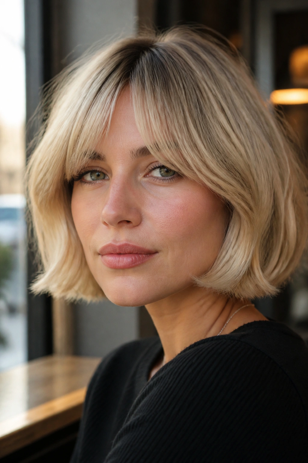 Close-up of a real woman in a chin-length French bob with curtain fringe