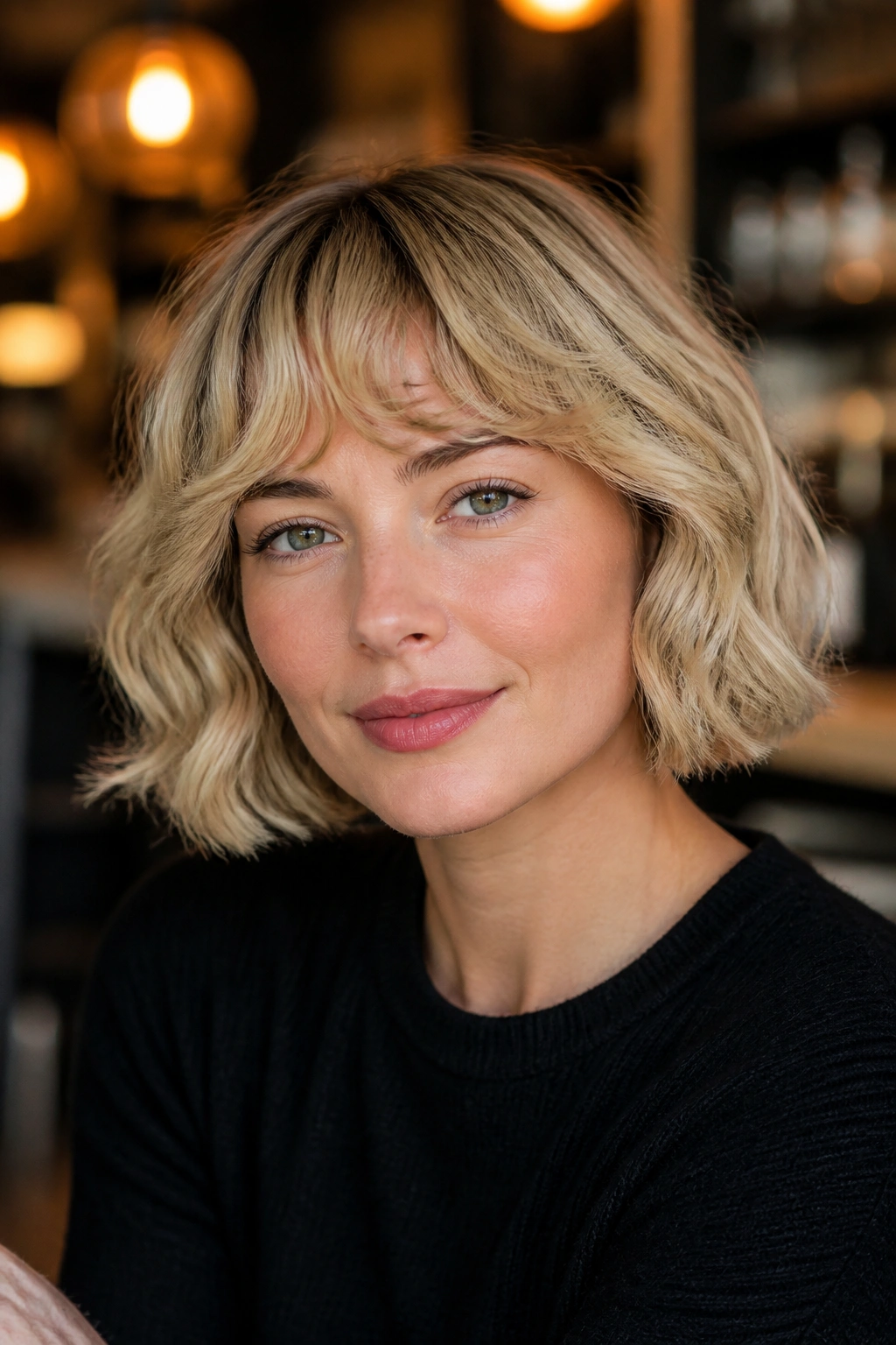 Close-up of a real woman with curved-fringe French bob in creamy blonde