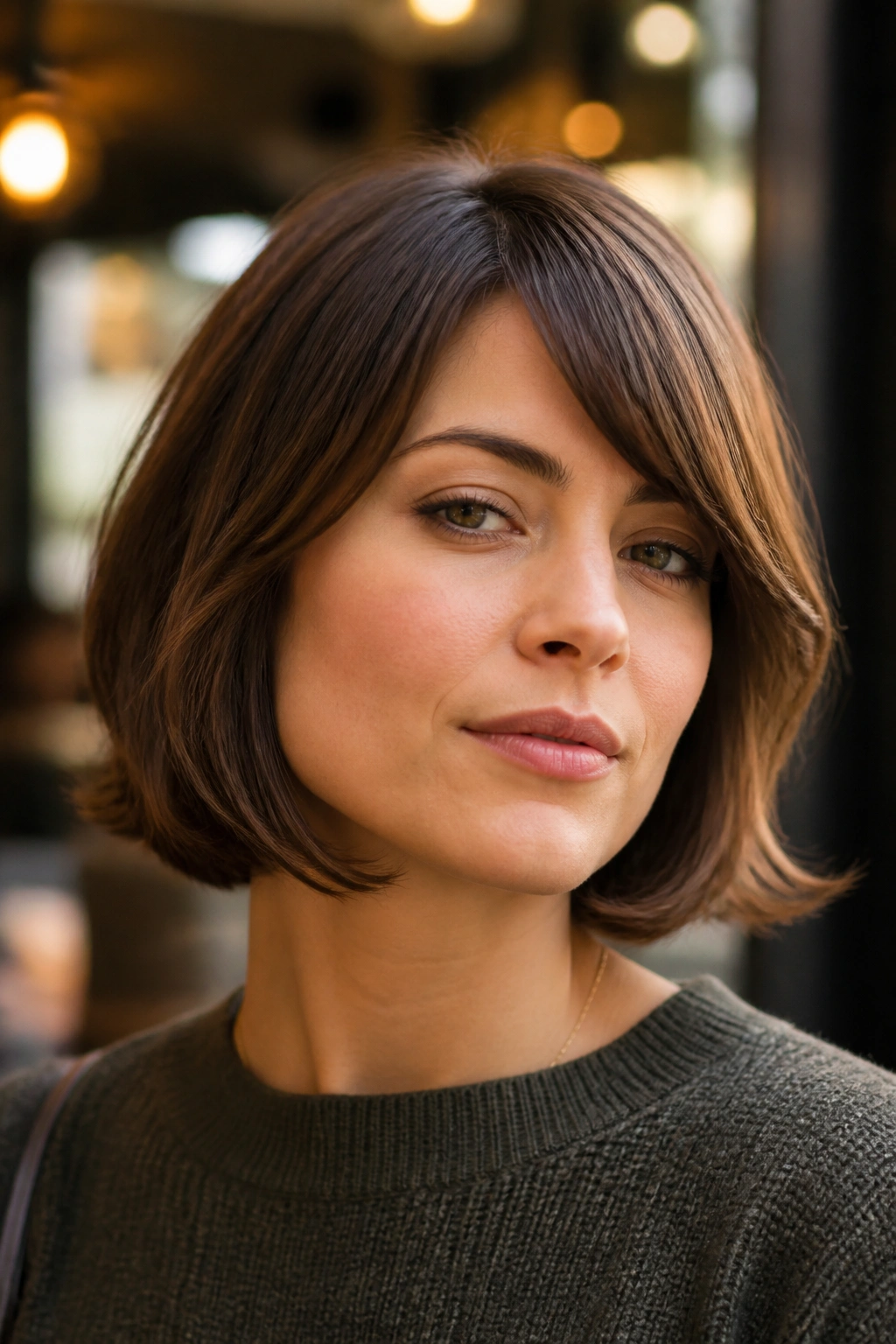 Portrait of a real woman with a French bob and curved ends.