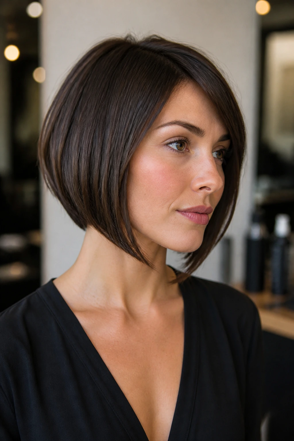 Close-up of a real woman with a French bob featuring an elongated front, highlighted cheek contours in warm salon light.