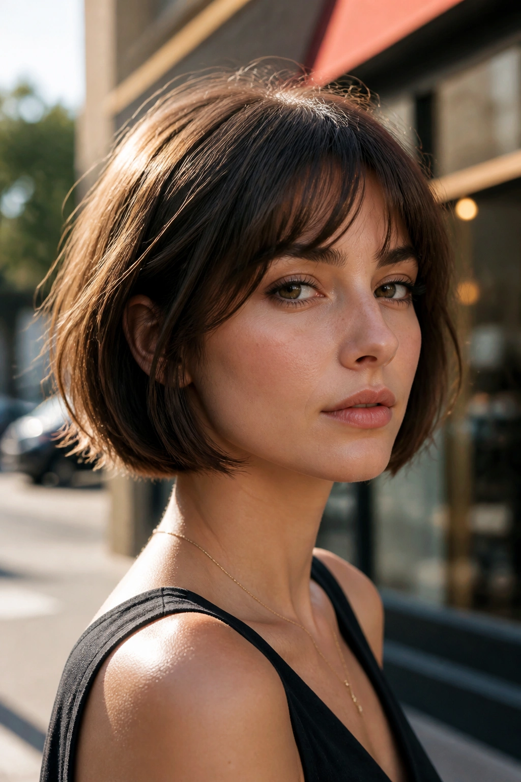 Close-up portrait of a woman with cheekbone-length French bob and soft fringe