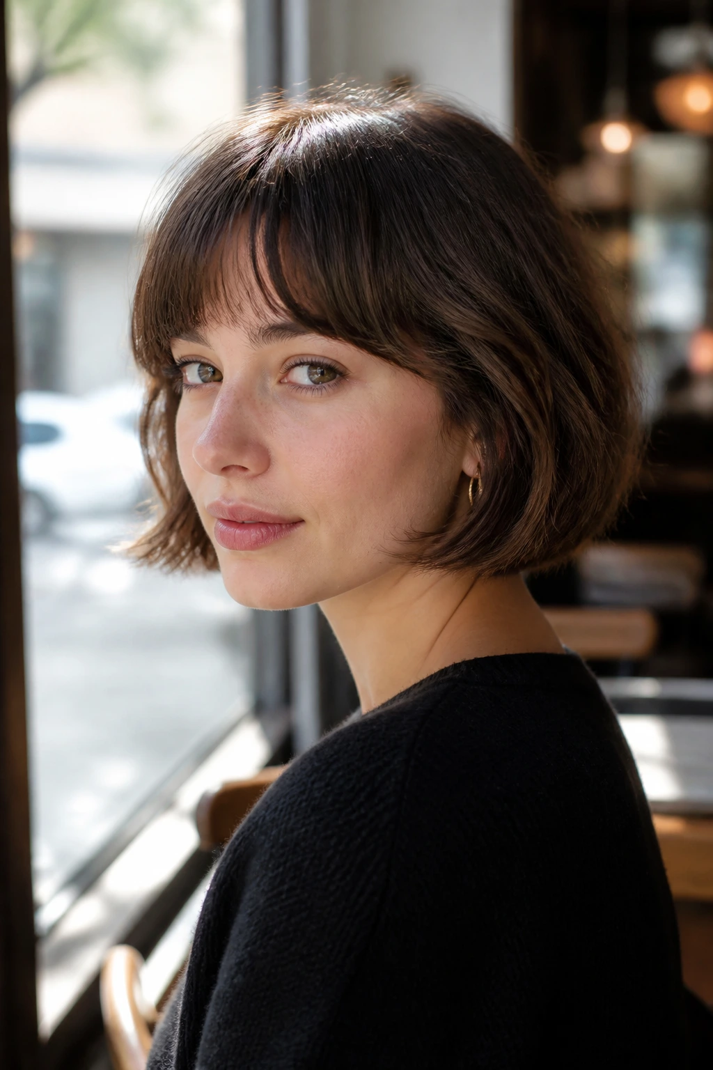 Close-up of a real woman with a soft French bob and wispy fringe.