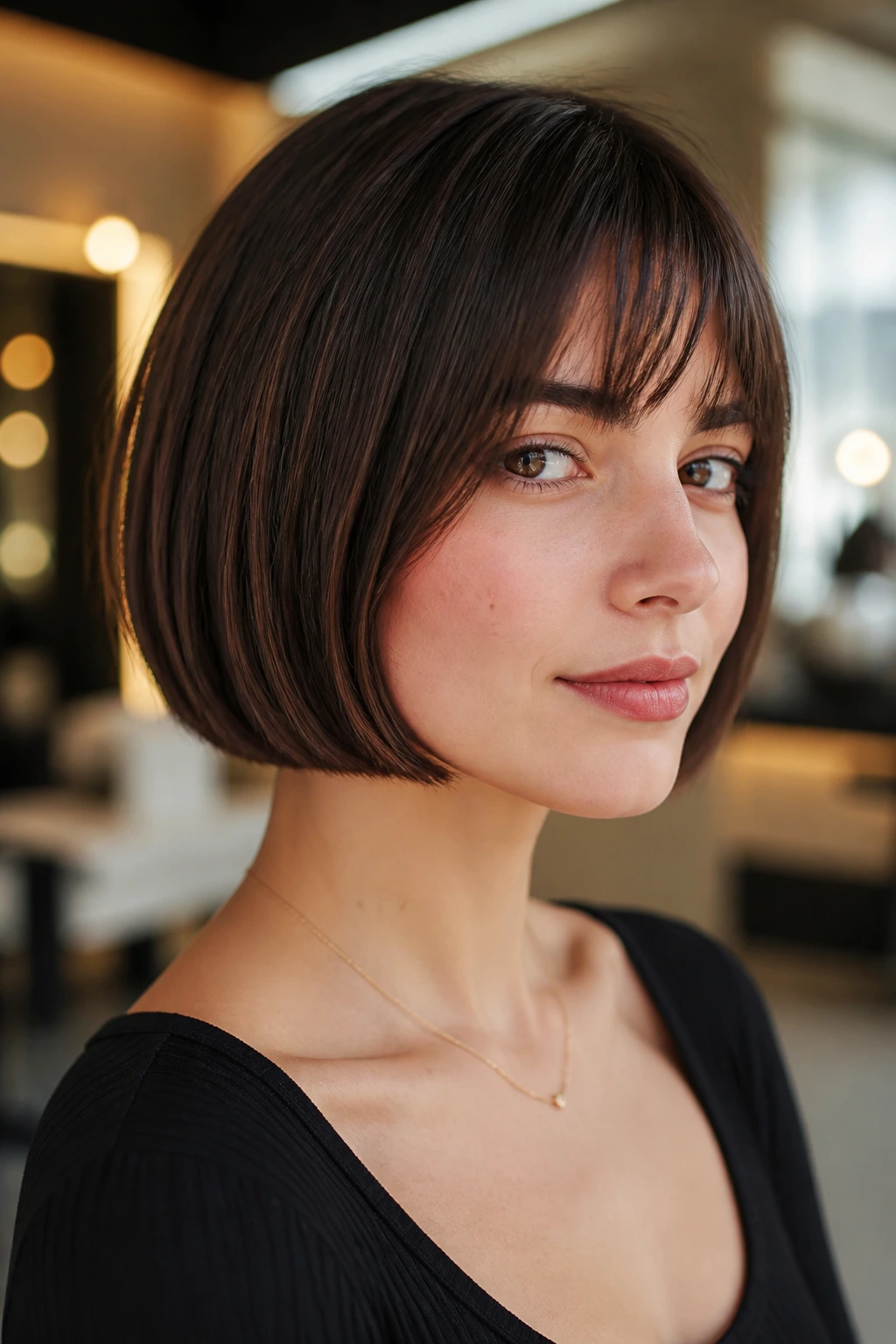 Close-up portrait of a real woman with a chin-length French bob for fine hair in a sunlit salon