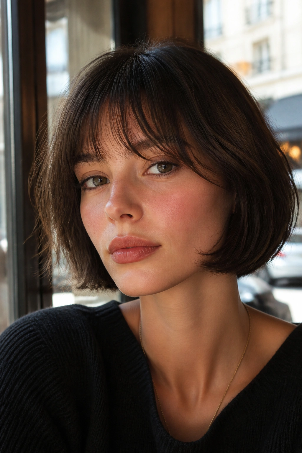 Portrait of a woman with a French bob and airy choppy fringe, soft lighting.