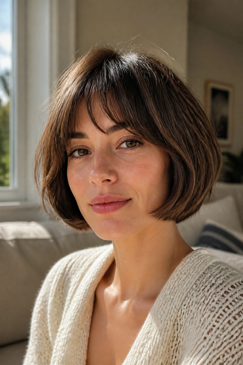 Close-up of a real woman with a cheek-length French bob and light fringe.