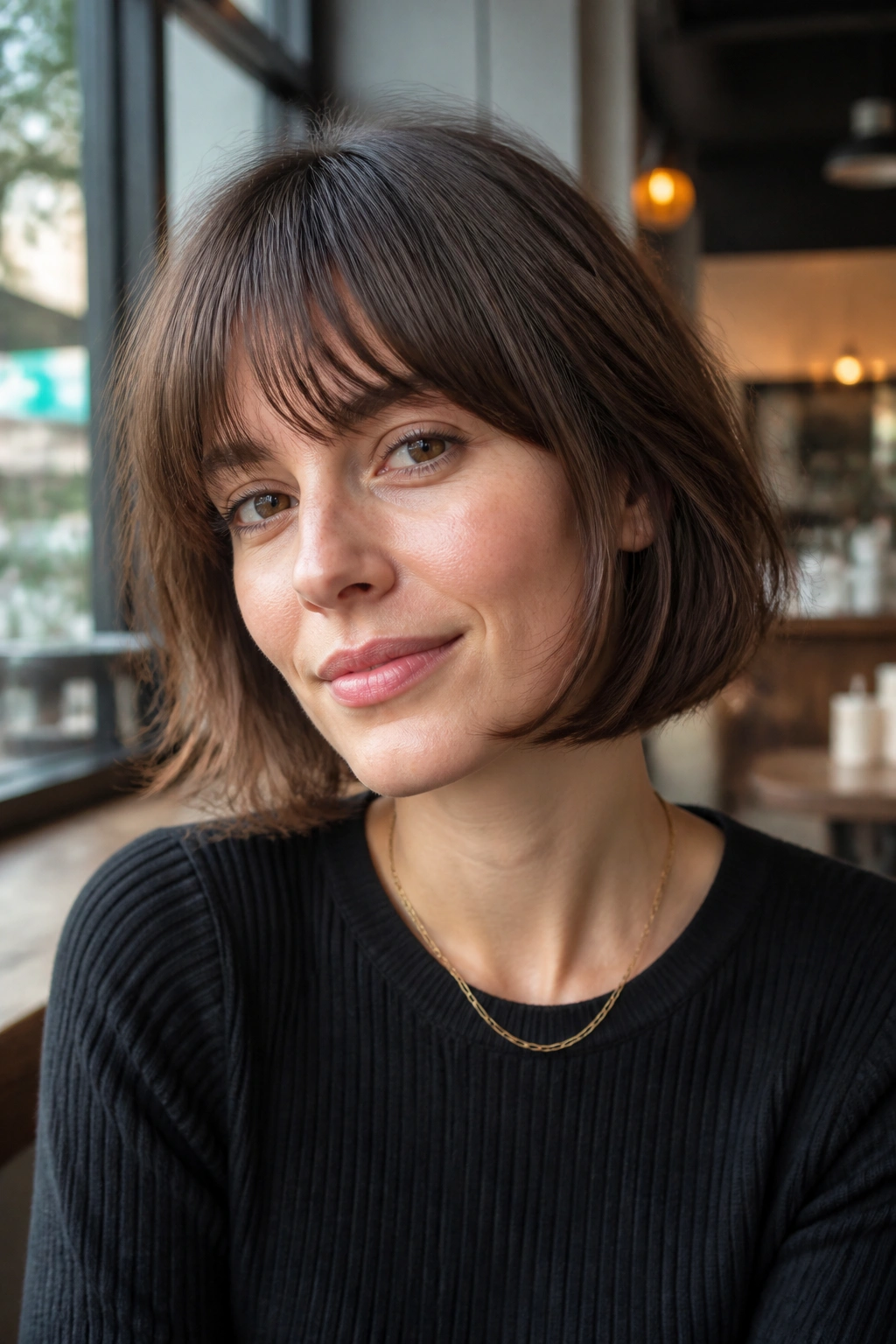 Portrait of a real woman with a French bob and soft fringe.