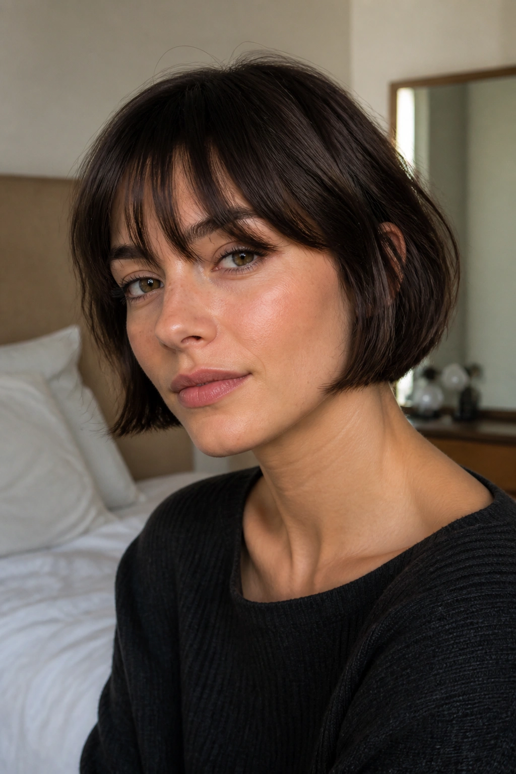 Close-up of a real person with a French bob and soft fringe framing the eyes