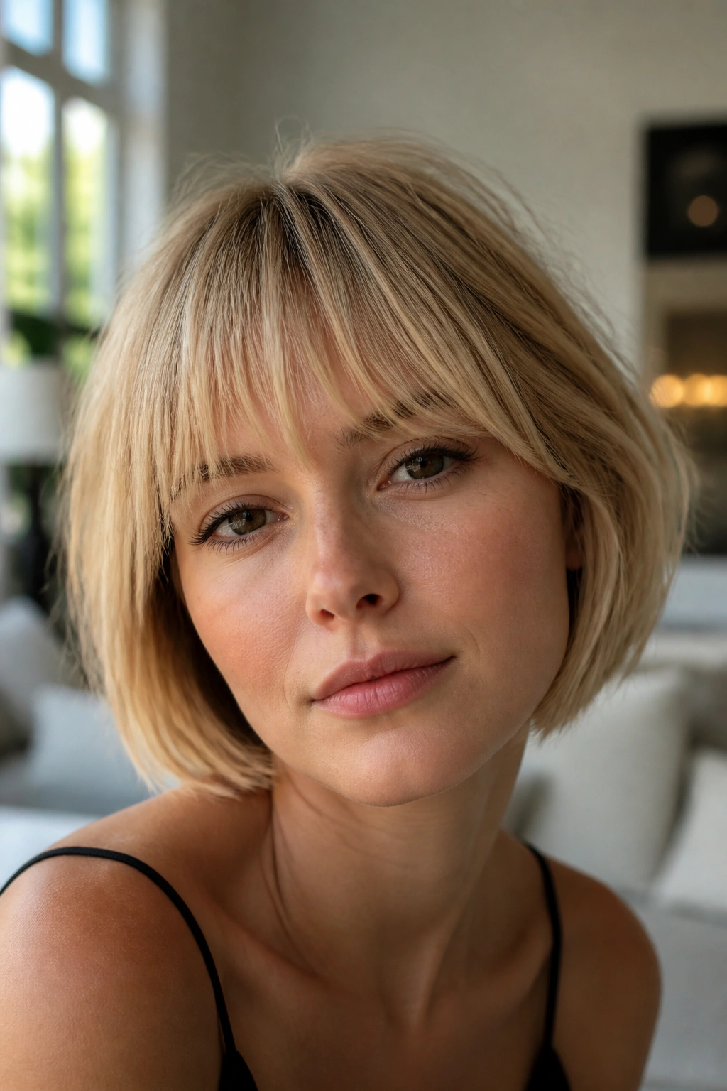Close-up of a real woman with a French bob fringe