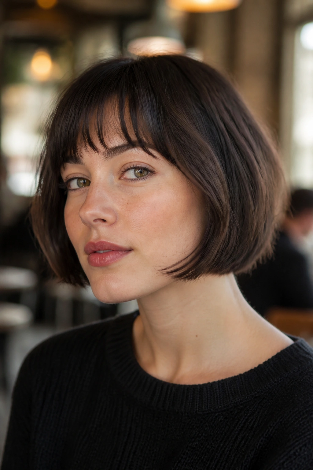 Close-up portrait of a woman with French bob and choppy fringe in cafe lighting