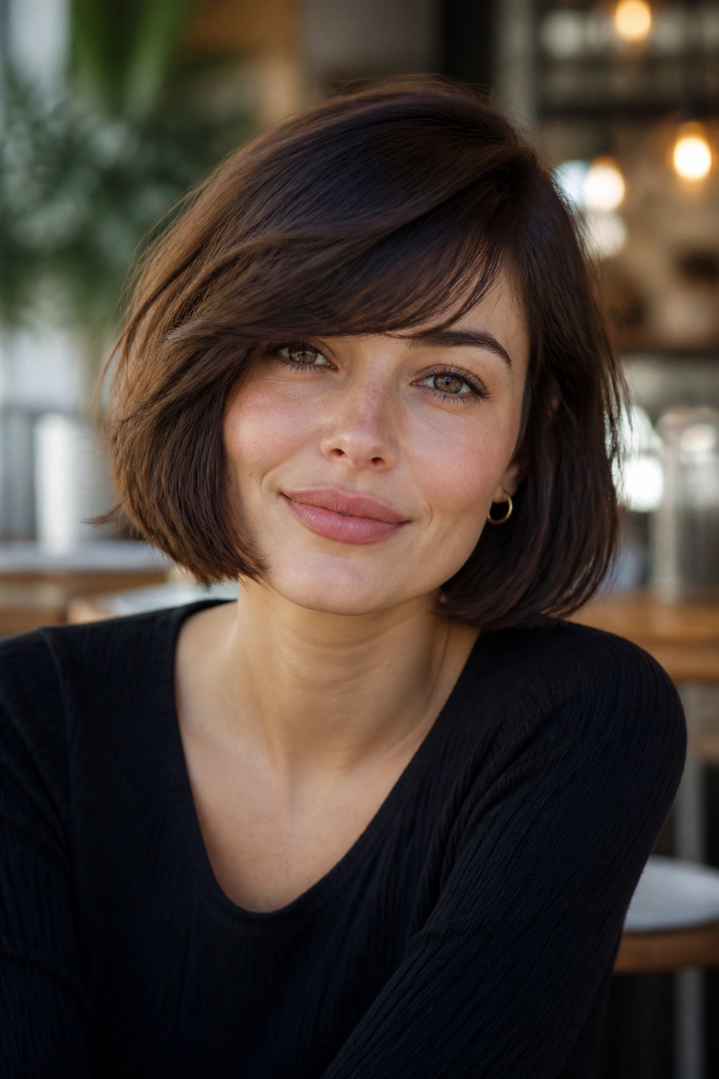 Close-up of a real person with a French bob and side-swept fringe.