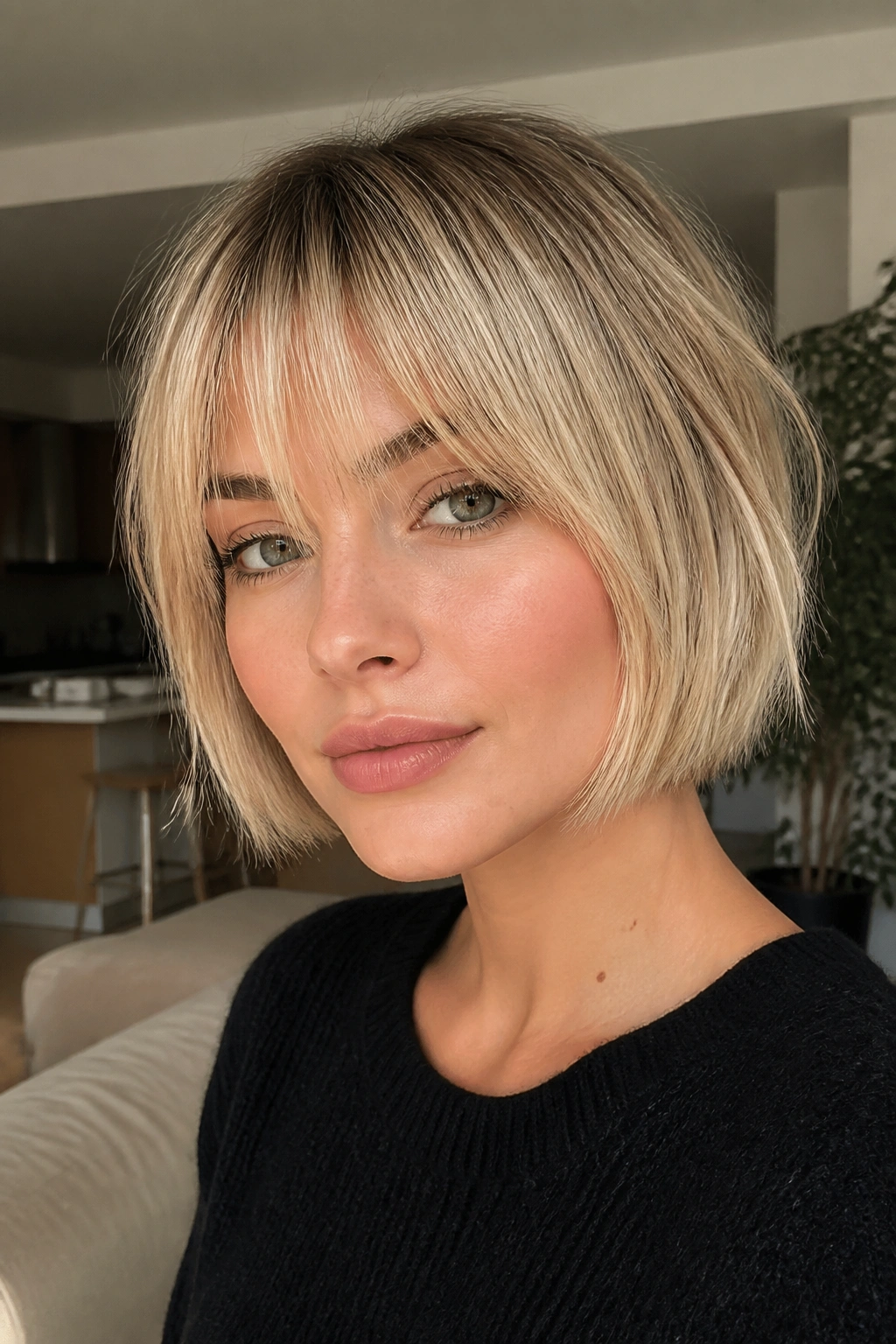Portrait of a real woman with a French bob and cheekbone-grazing fringe in champagne blonde.