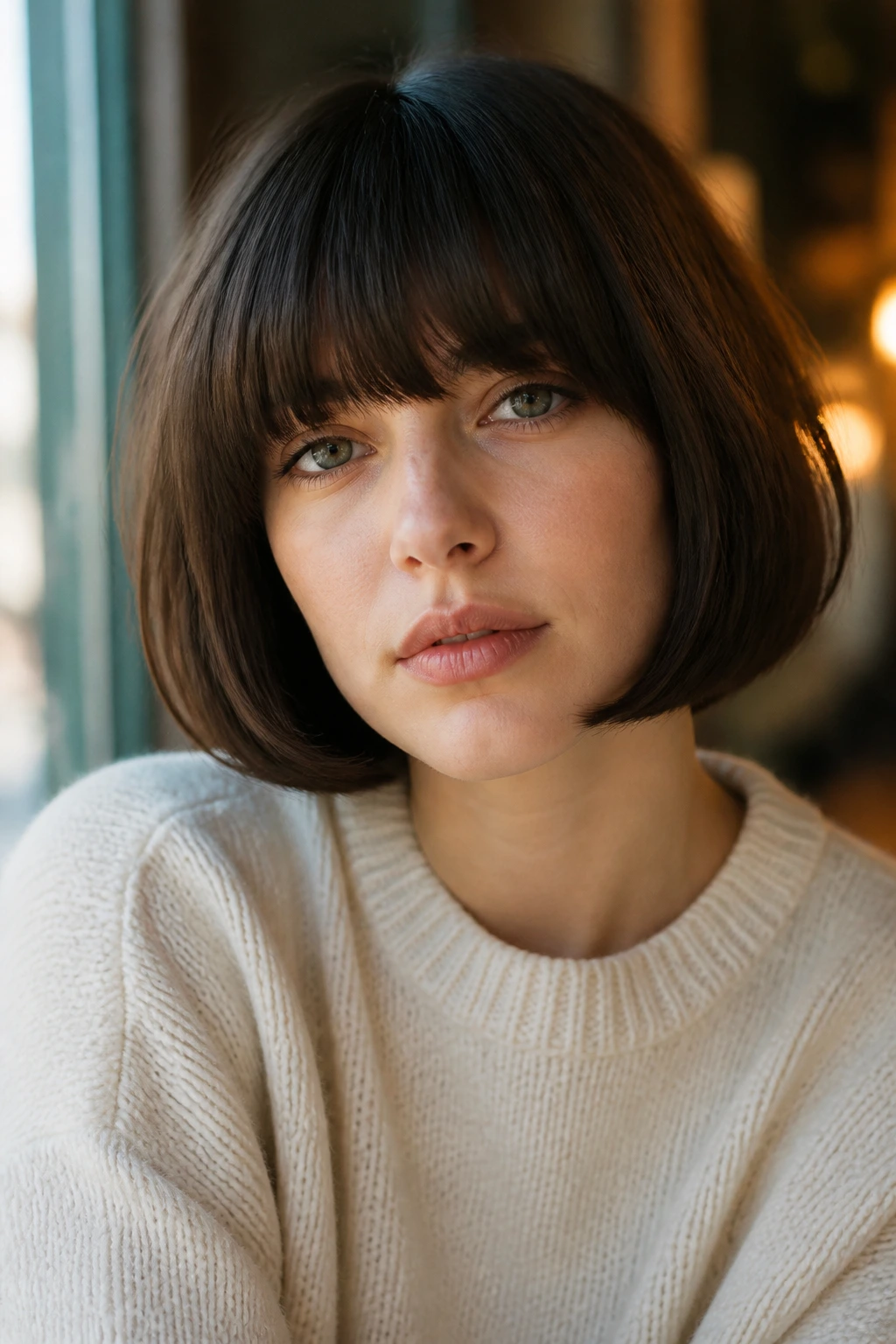 Real woman with full fringe and soft corners of a French bob in warm cafe lighting