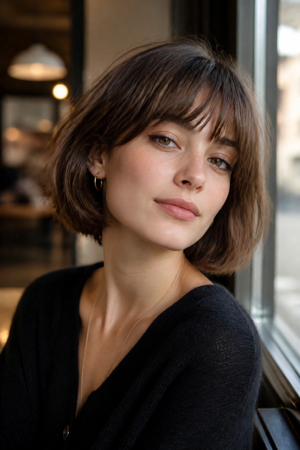 Close-up of a girl with a French bob and soft fringe