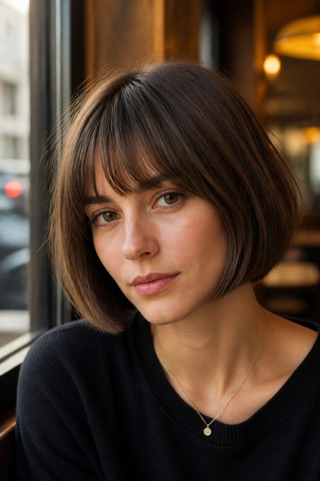 Close-up of a real woman with a chin-length French bob and soft fringe