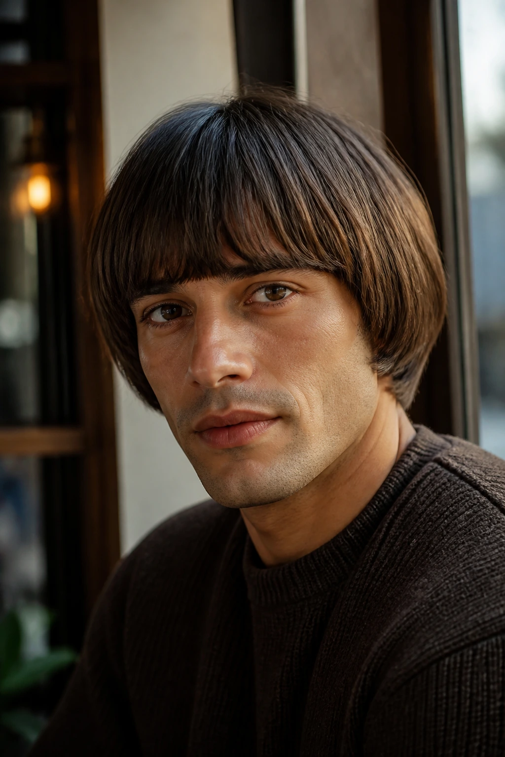 Man with French bob and fringe in cafe window light.